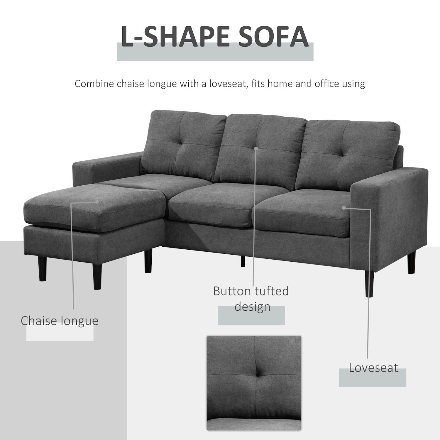 HOMCOM Convertible Sectional Sofa Couch with Reversible Chaise L Shaped Couch with Thick Sponge Cushions for Small Space Dark Grey