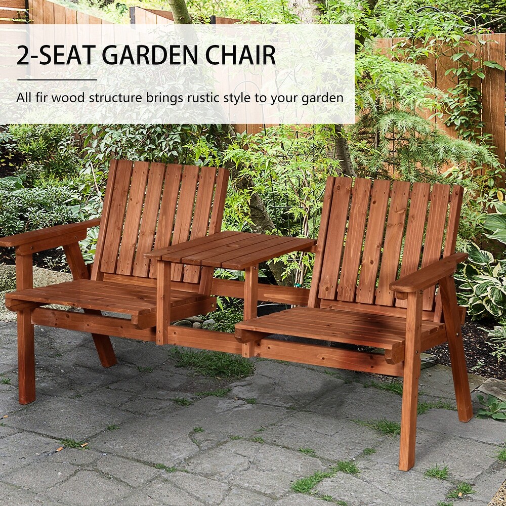 Outsunny Outdoor Patio Wooden Double Chair Garden Bench with Middle Table   Natural Weather Fighting Materials   60\