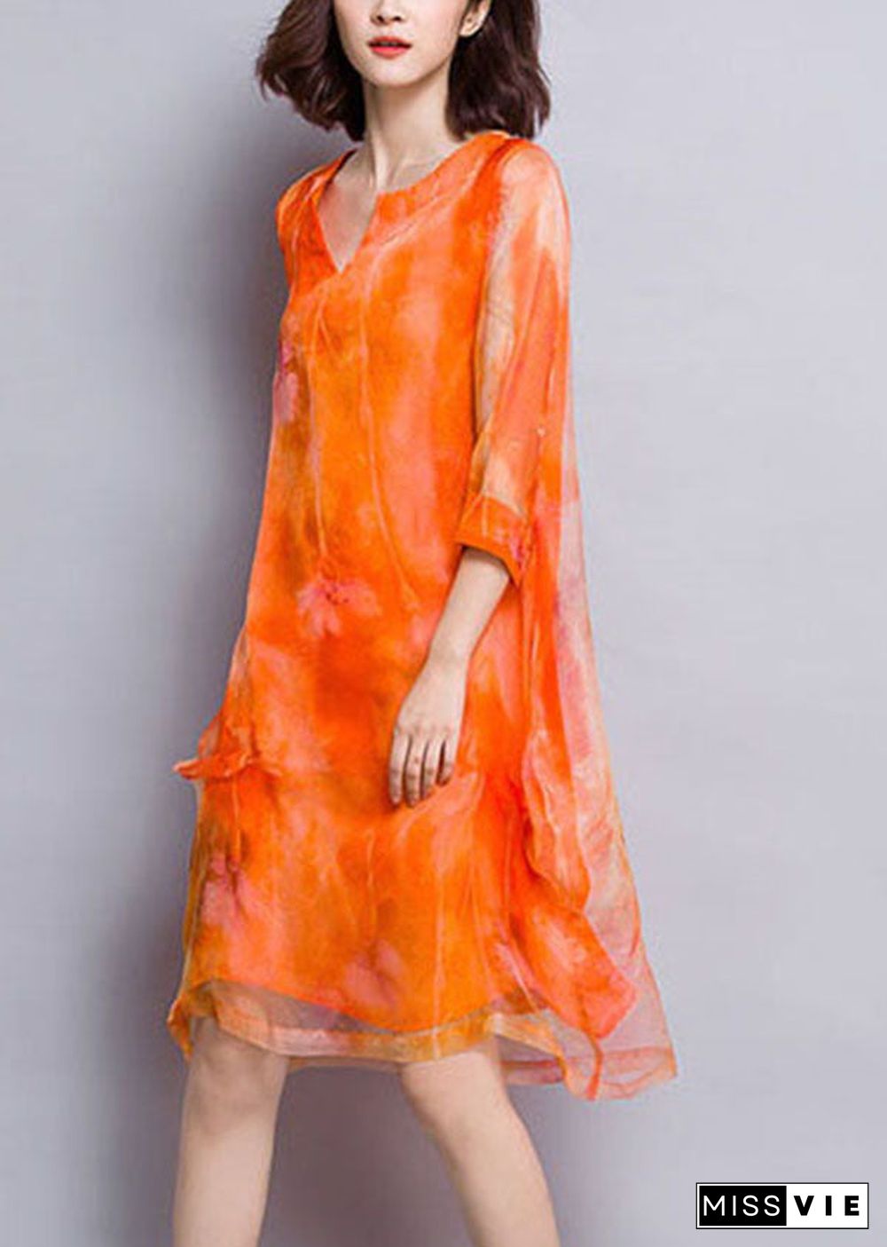 Beautiful Orange V Neck Print Layered Design Silk Vacation Dress Half Sleeve