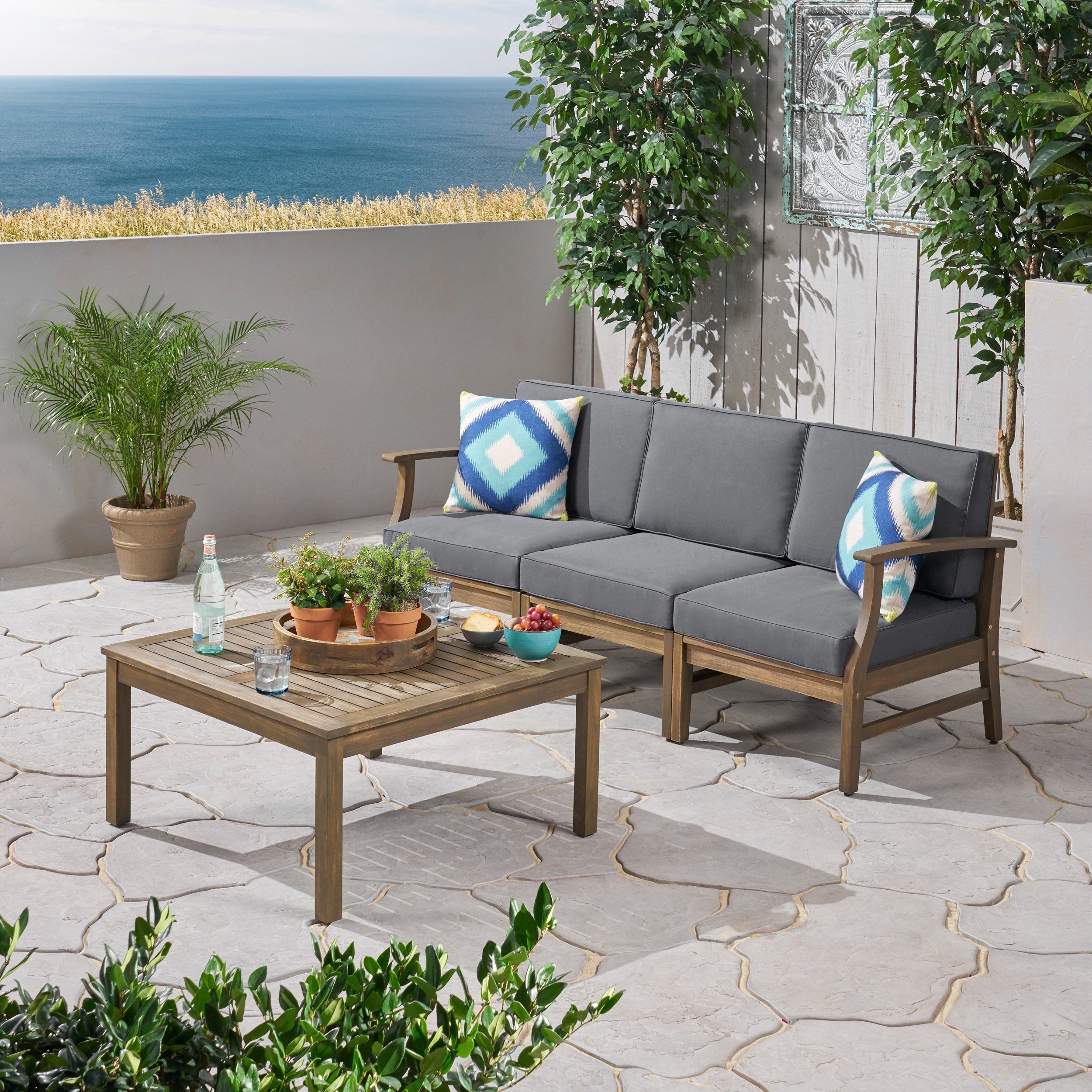 Lorelei Outdoor 4 Piece Acacia Wood Sofa and Coffee Table Set