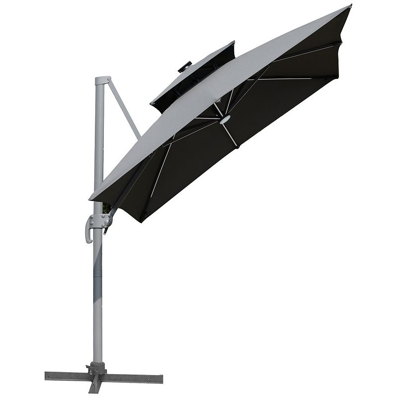 Outsunny 10ft Solar LED Cantilever Umbrella， Offset Hanging Umbrella with 360▲Rotation， Cross Base， 8 Ribs， Tilt and Crank for Yard， Garden and Poolside， Grey