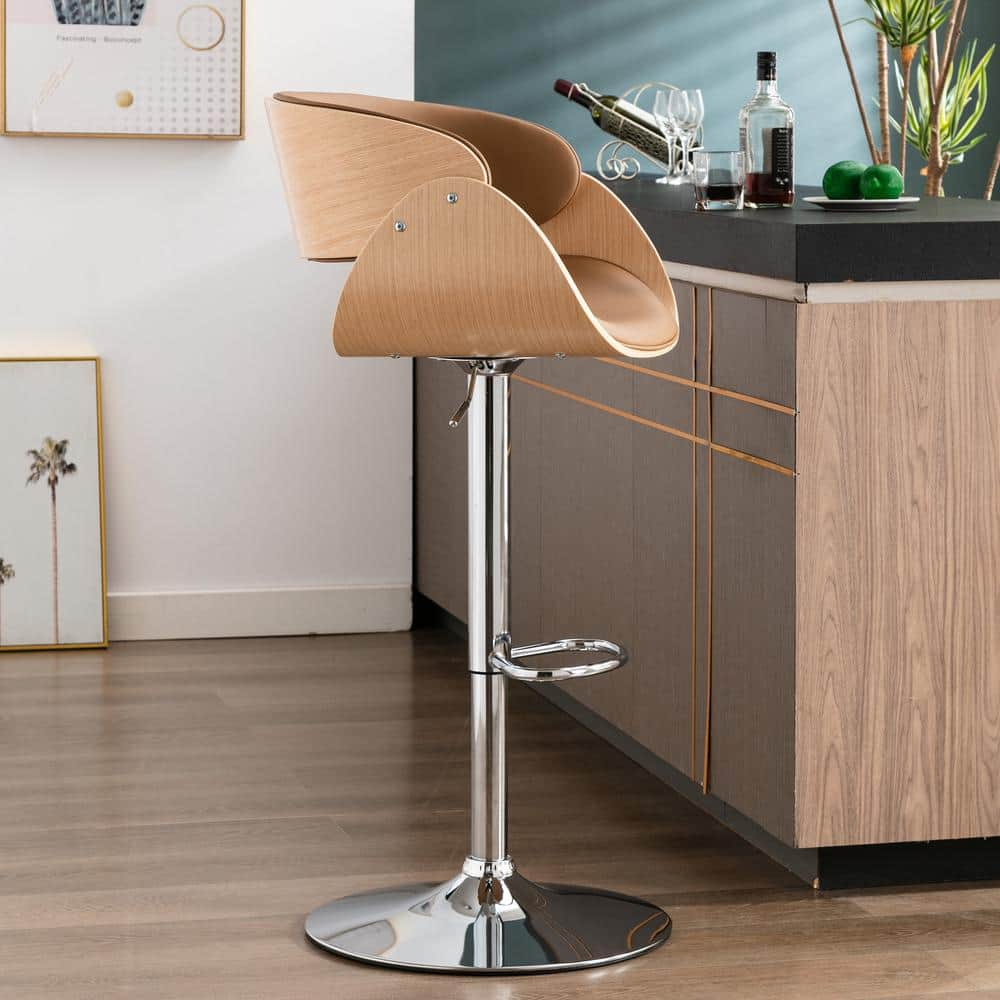 40.6 in. H Khaki Low Back Adjustable/Swivel Bar Stool, PU Leather Ecru Bent Wood Bar Chair LM-W21234929