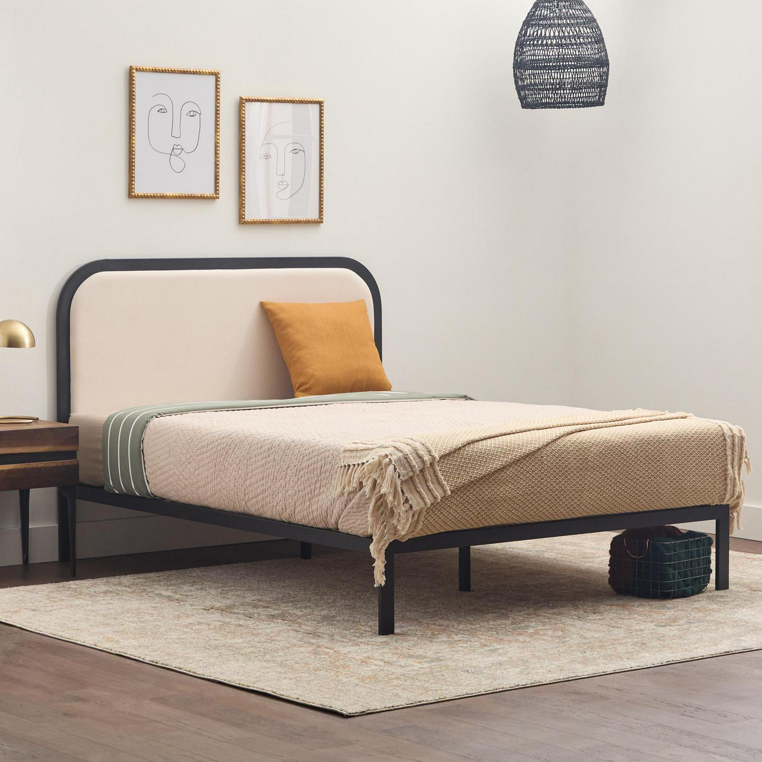 Rest Haven Salem Metal Platform Bed with Rounded Upholstered Headboard Queen Cream  Crowdfused