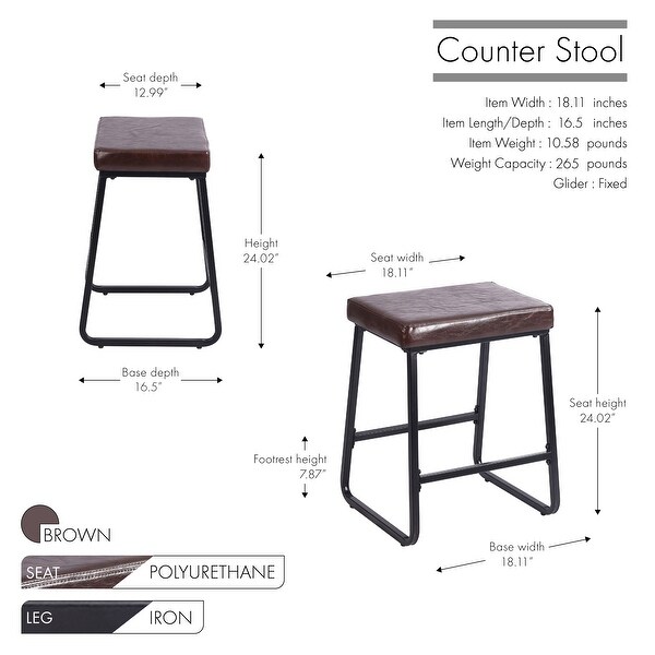 Porthos Home Setia Counter Stools Set of 2， PU Leather， Iron Legs