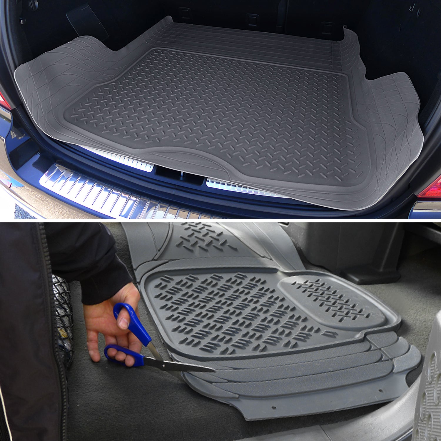 Spec-D Tuning Universal Fitment 5 Piece Gray Heavy Duty All Weather 3D Rubber Floor Mats Front + Rear + Trunk Truck SUV