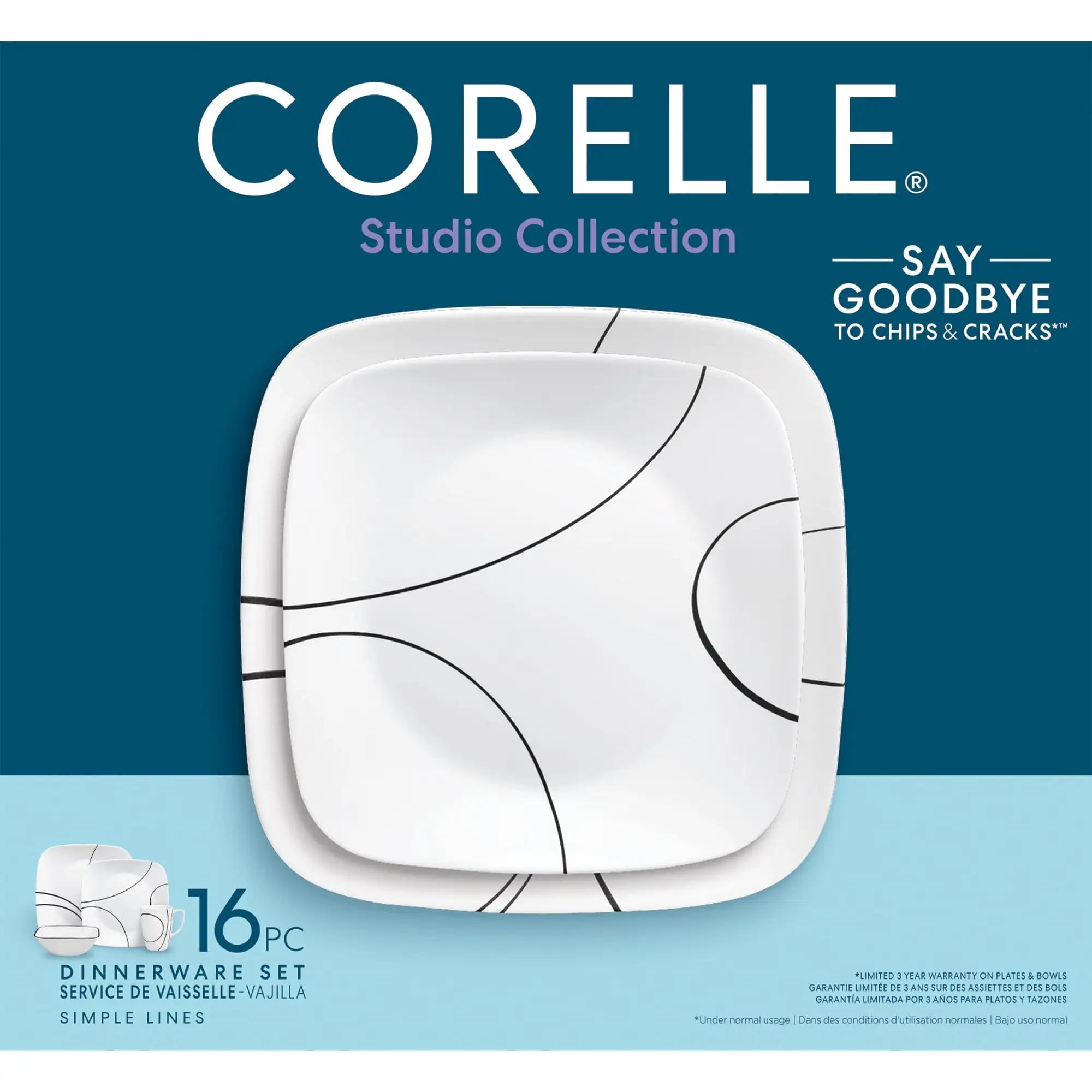 Corelle Square Simple Lines， Dinnerware Set， 16-Piece， Set for 4