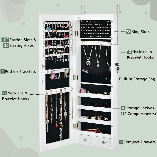 6 LEDs Mirror Jewelry Cabinet Full Screen Display Armoire Organizer with 2 Drawers