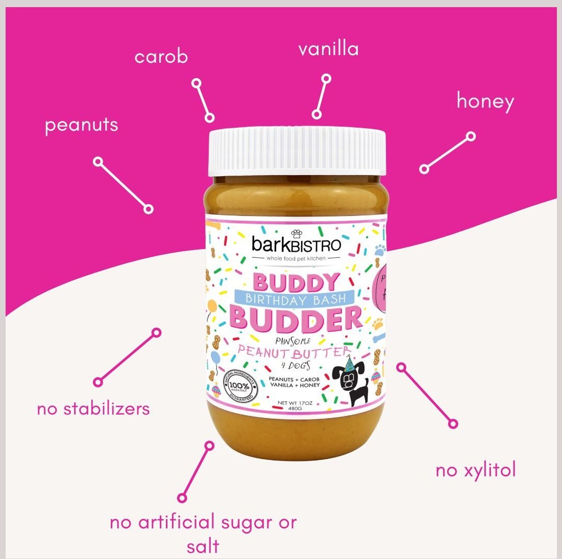 Bark Bistro Company Birthday Bash Buddy Budder Dog Treat， 17-oz jar