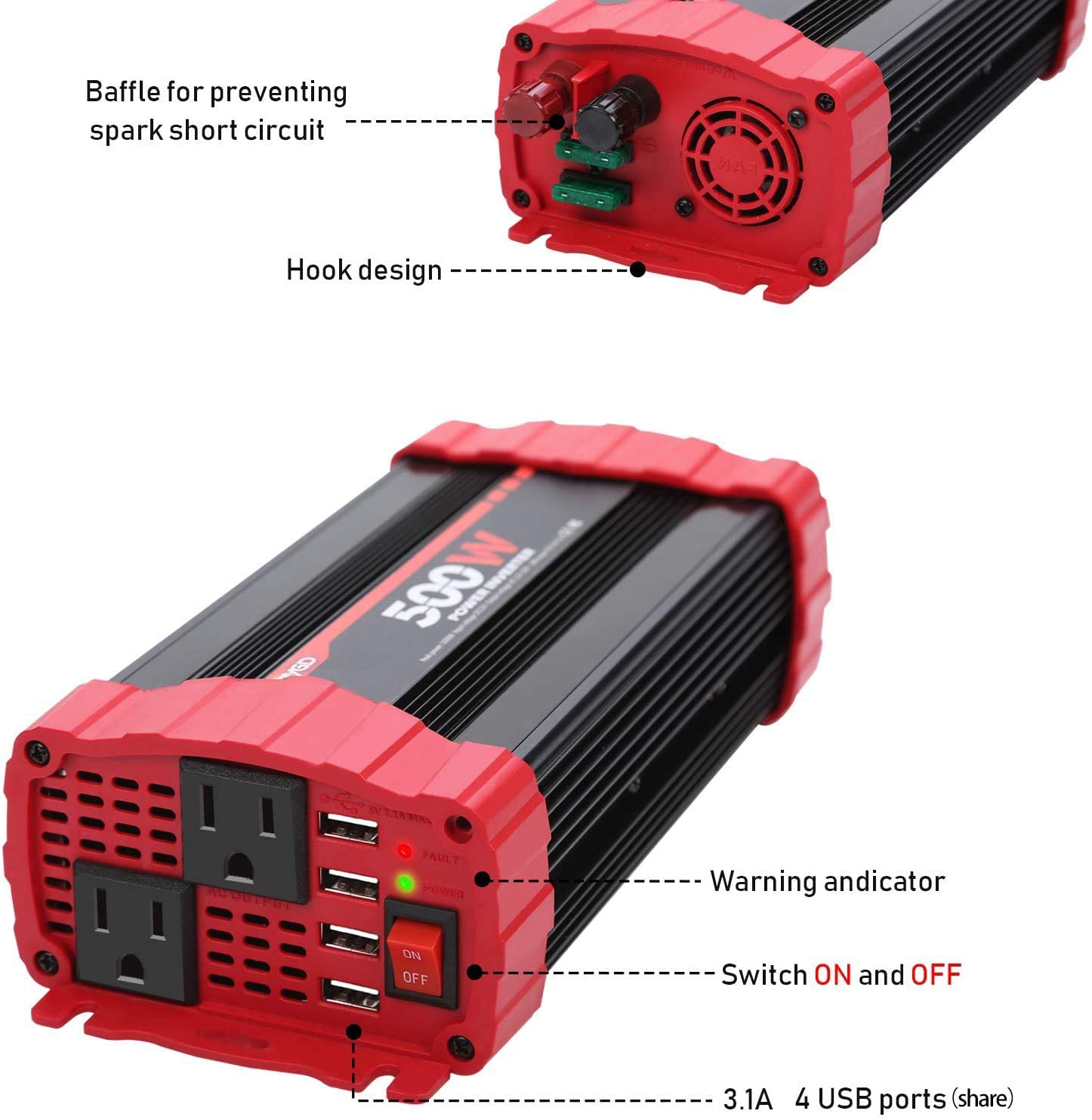 BYGD 500W Car Power Inverter DC 12V to 110V AC Converter Dual Outlets