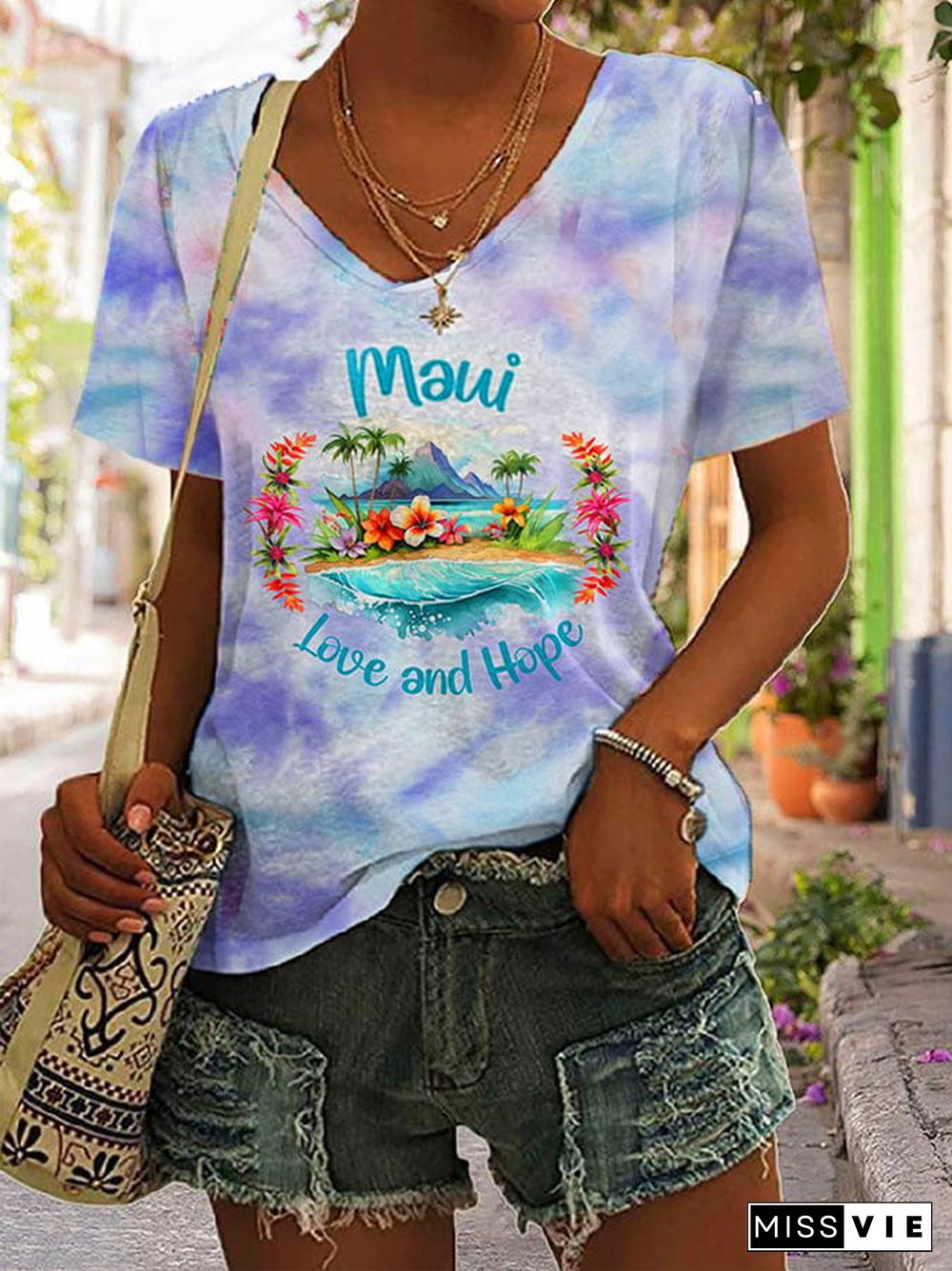 Women's Maui Love And Hope Tie Dye Print V-Neck T-Shirt