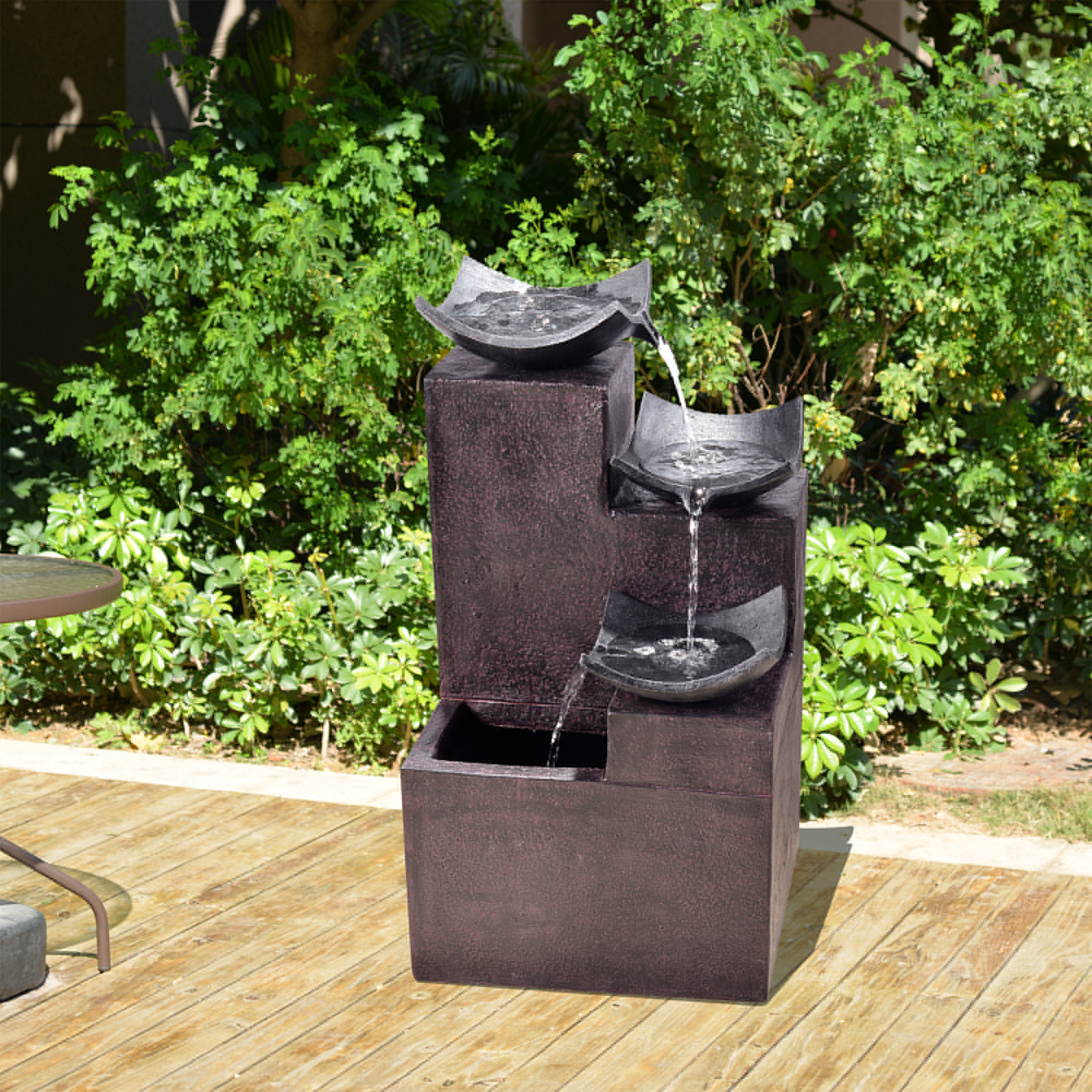 Peaktop Outdoor Modern Stone-Look 4-Tier Floor Fountain， Black