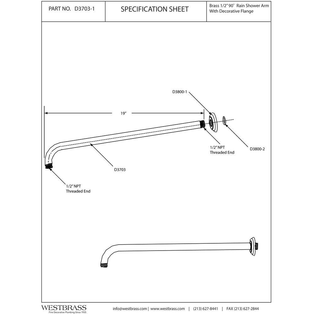 Westbrass 12 in. IPS x 19 in. IPS Wall Mount 90-Degree Rain Shower Arm with Flange Matte Black D3703-1-62