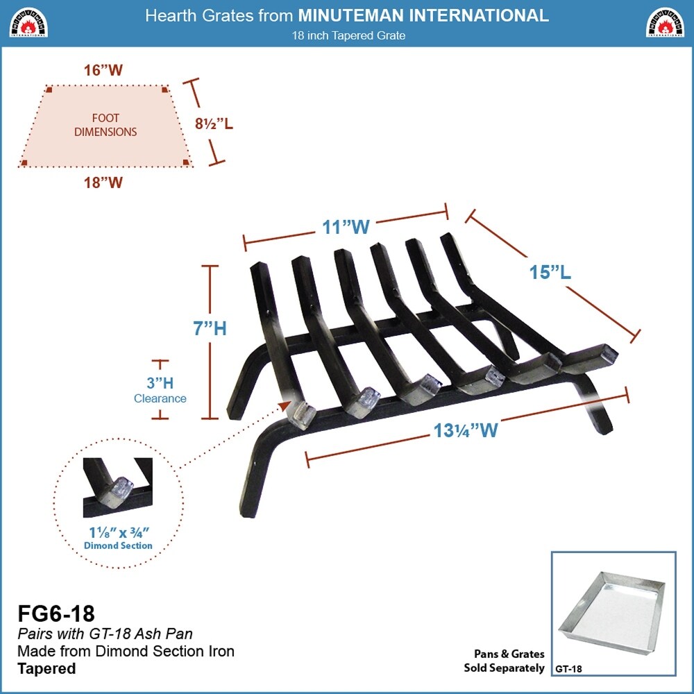 Minuteman International Sturdy Tapered Hearth Grate for Logs  18 Inch Long  Black