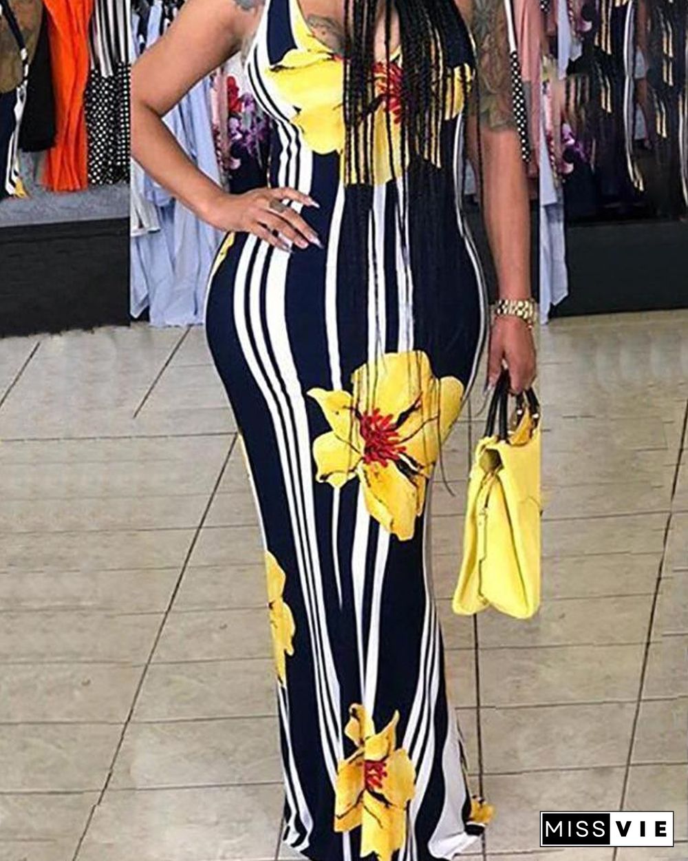 Sexy Floral Print Striped Bodycon Maxi Dress