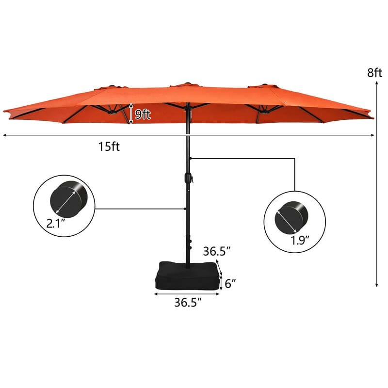 15FT Double-Sided Twin Patio Umbrella with Base & Crank System, Extra-Large Cantilever Market Umbrella