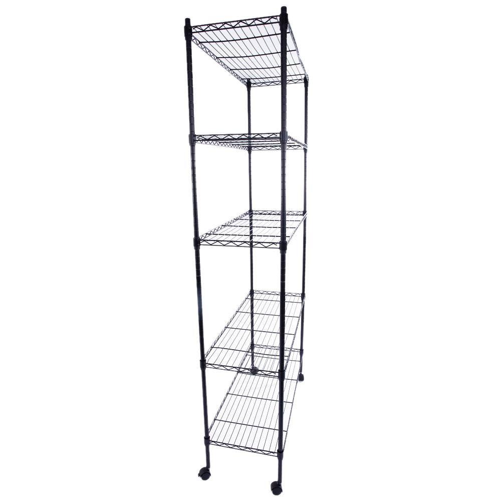 Karl home Black 5-Tier Metal Freestanding Garage Storage Shelving Unit with Wheels (13.78 in. W x 65 in. H x 35.43 in. D) 302992573365