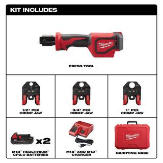 MW M18 18V Lithium-Ion Cordless Short Throw Press Tool Kit with 3 PEX Crimp Jaws (2) 2.0 Ah Batteries and Charger 2674-22C