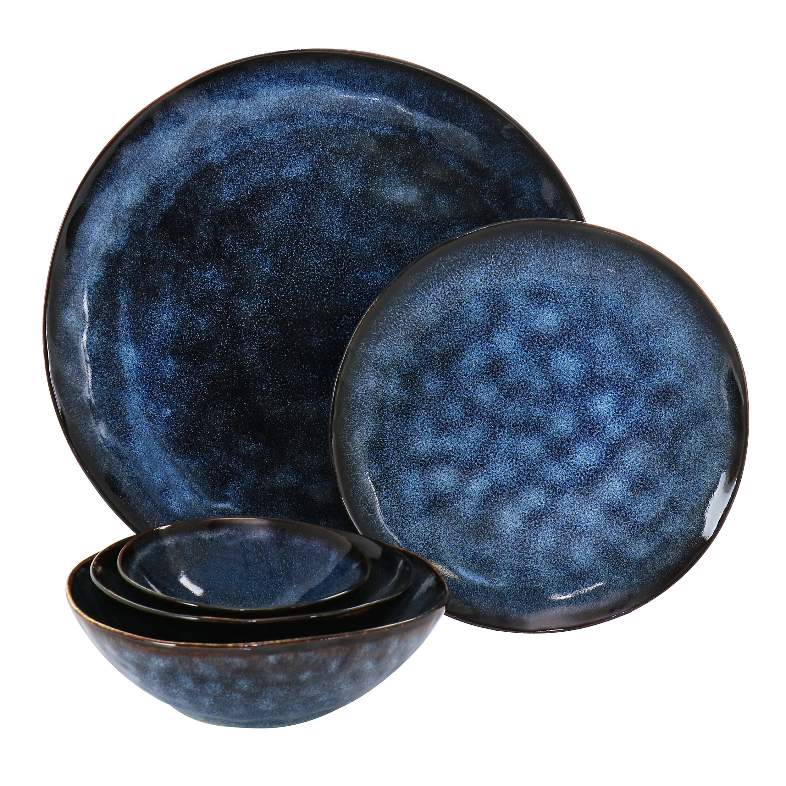 Elama Lucca 20 Pieces Round Stoneware Triple Bowl Dinnerware Set in Blue