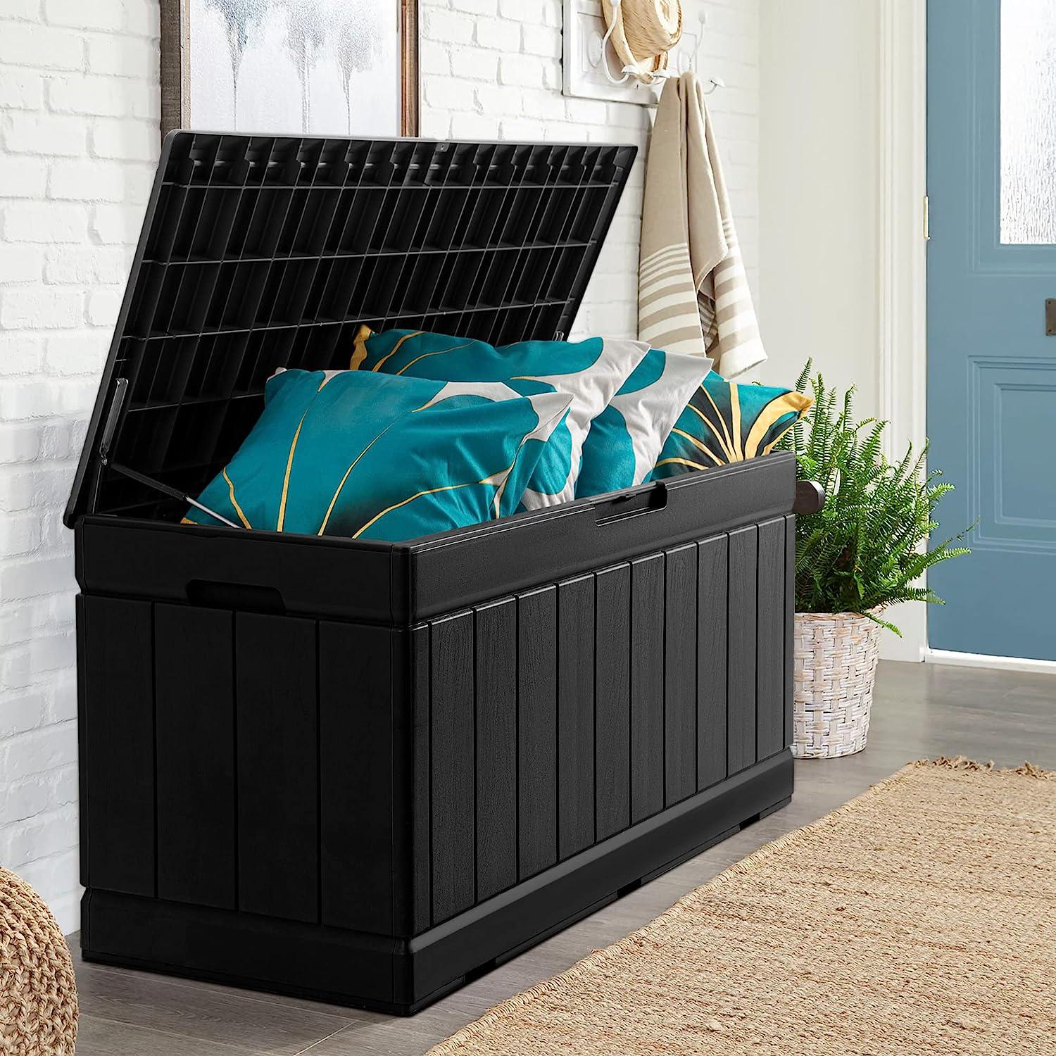 JUMMICO 88 Gallon Outdoor Deck Box Large Resin Storage Box for Patio Furniture Cushions, Toys, and Garden Tools (Black)