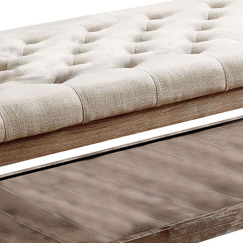 Button Tufted Fabric Upholstered Bench with Bottom Shelf， Beige and Brown