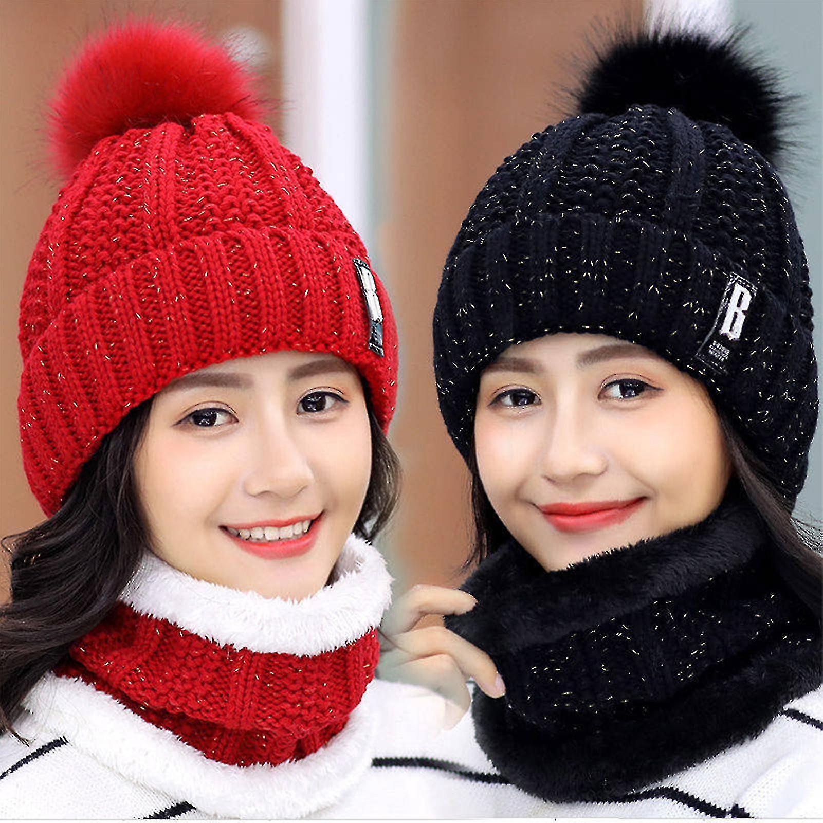 Winter Beanie Hat Scarf Set Women Slouchy Scarf Warm Knitted Hat For Outdoor