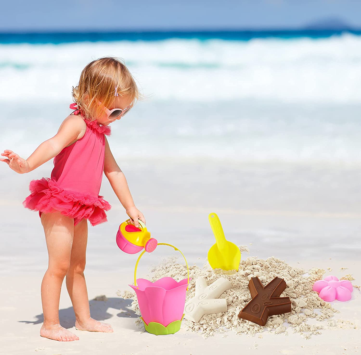 Beach Sand Toys Sandbox Toys for Girls Kids Toddlers,Flower Shape Sand Molds,Beach Bucket,Watering Can,Shovel,Sifter Kids Outdoor Toys Set