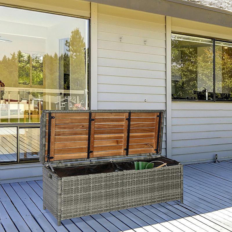 Outsunny Outdoor Storage Bench Wicker Deck Boxes with Wooden Seat， Gas Spring， Rattan Container Bin with Lip， Ideal for Storing Tools， Accessories and Toys， Mixed Grey