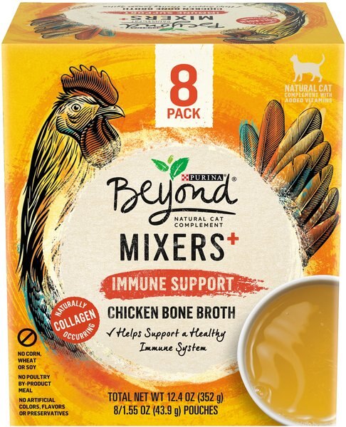 Purina Beyond Mixers+ Immune Support Chicken Bone Broth Natural Wet Cat Food， 1.55-oz pouch， case of 8