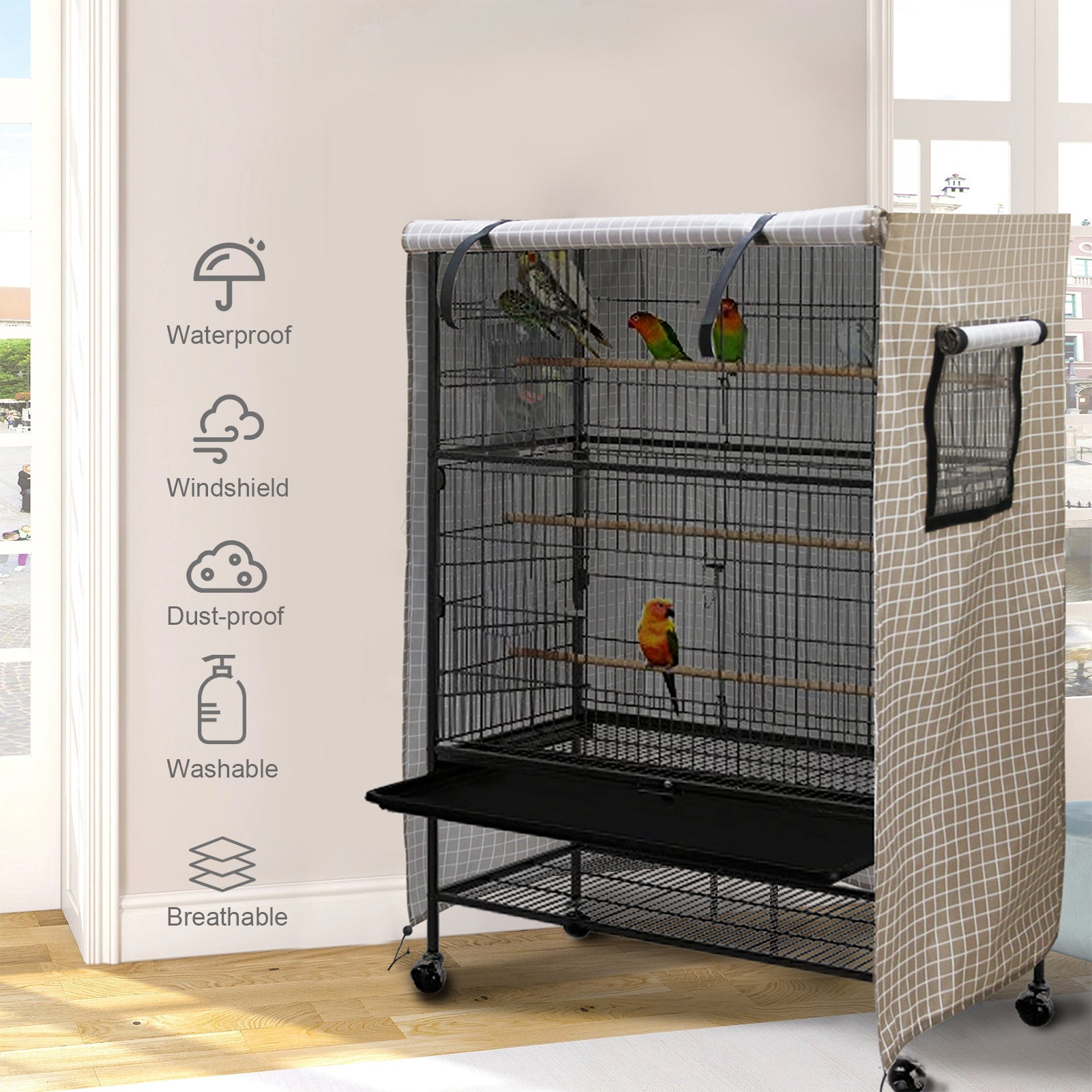 Birdcage Cover Night Birdcage Cover Sleep Helper for Brid Cage with Window Drawstring Bird Cage Waterproof Windshield Dust-proof Parrot Cage Cover Breathable Washable Birds Cage Seed Catcher