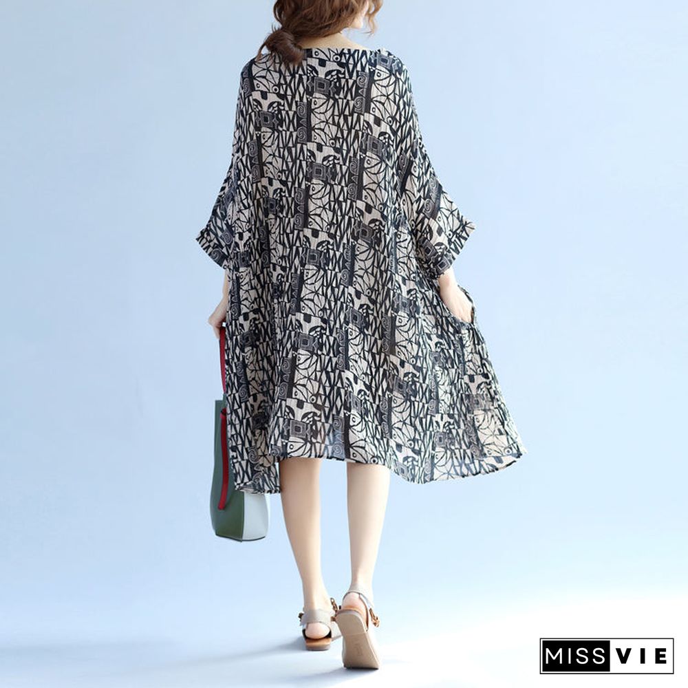 Elegant floral cotton linen knee dress oversized Batwing Sleeve large hem linen cotton dress casual O neck Cinched dresses