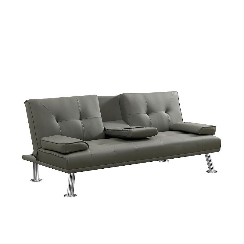 F.c Design Grey Pu Sofa Bed With Cup Holder - Comfortable And Stylish Convertible Sleeper Sofa