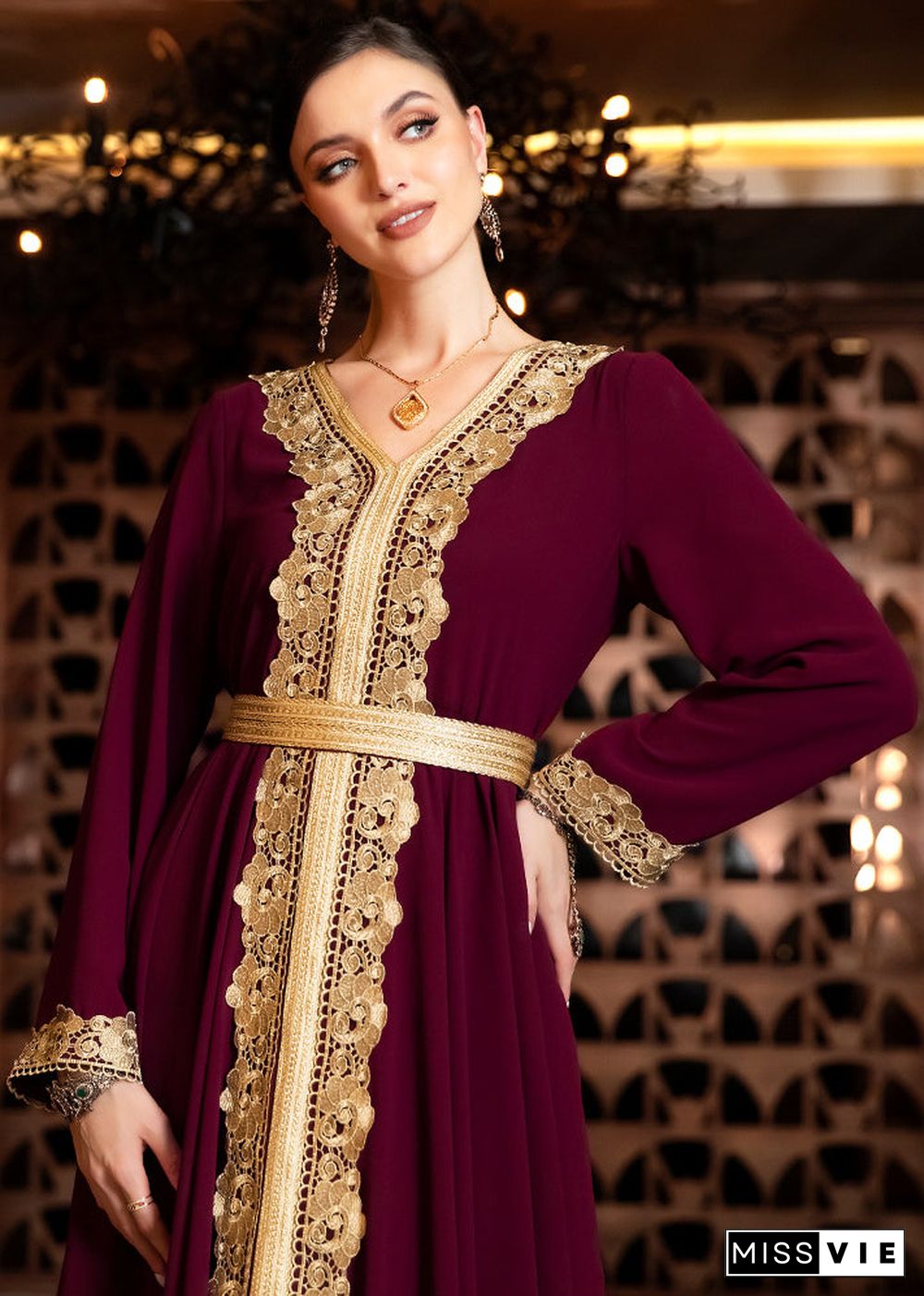 Slim Fit Maroon Asymmetrical Design Lace Patchwork Chiffon Maxi Dresses Long Sleeve