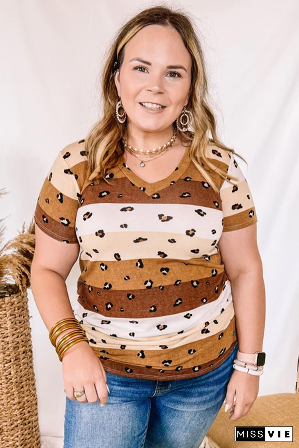 Leopard Color Block V Neck Plus Size T Shirt