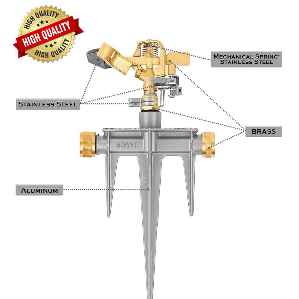 Morvat Brass Lawn Water Sprinkler All Brass Sprinkler Head Solid Aluminum Stake 2 Rubber Ring Connectors 360 Pattern MOR-BSPRINKLER-A