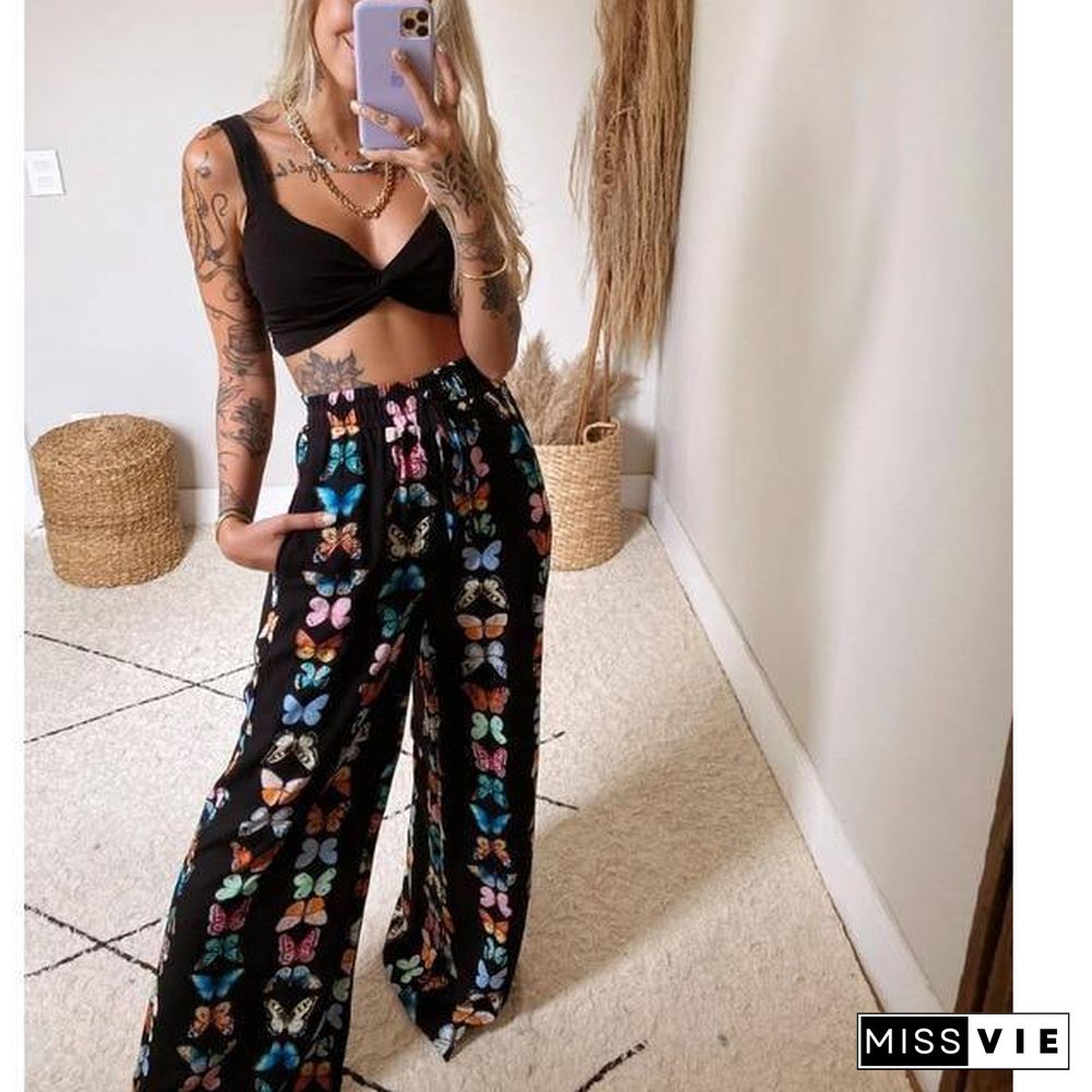 2 Pecs Suit Summer Tracksuit Sets Womens Outfits Boho Beach Style Print Underwear Loose Wide Leg Pants Ropa Mujer Подходить New