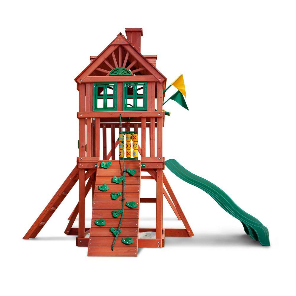 Gorilla Playsets Double Down II Wooden Outdoor Playset with 2 Wave Slides Rock Wall Sandbox and Backyard Swing Set Accessories 01-0036