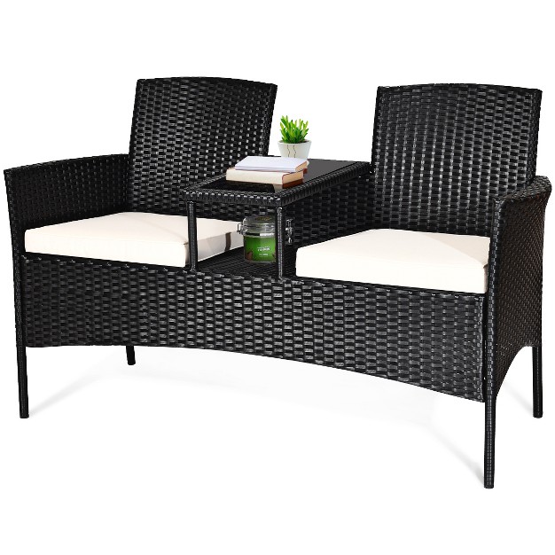 Costway Patio Rattan Conversation Set Seat Sofa Cushioned Loveseat Glass Table Chairs