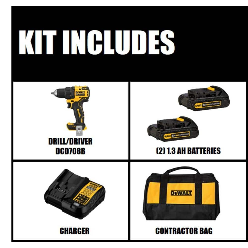 DEWALT ATOMIC 20V MAX Cordless Brushless Compact 1/2 in. Drill/Driver, (2) 20V 1.3Ah Batteries, Charger and Bag DCD708C2