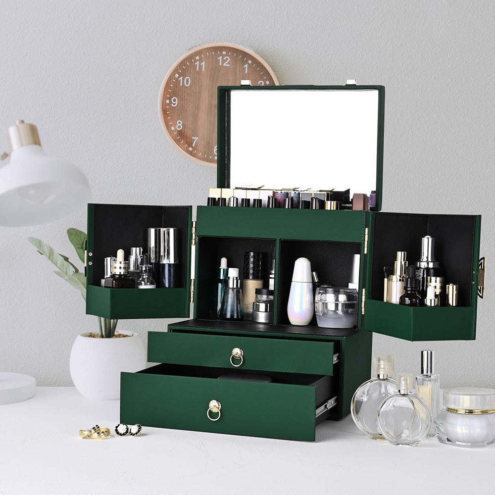 Byootique Makeup Case with Mirror Drawers Forest Green