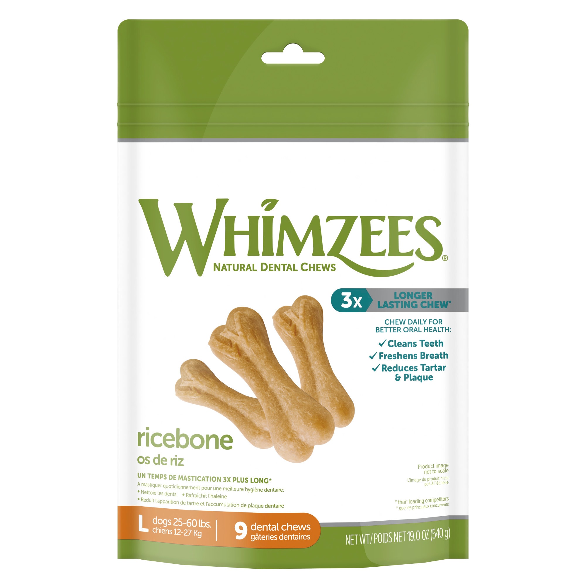 Whimzees Natural Daily Dental Long Lasting Ricebone Medium Dog Treats， 19 oz.