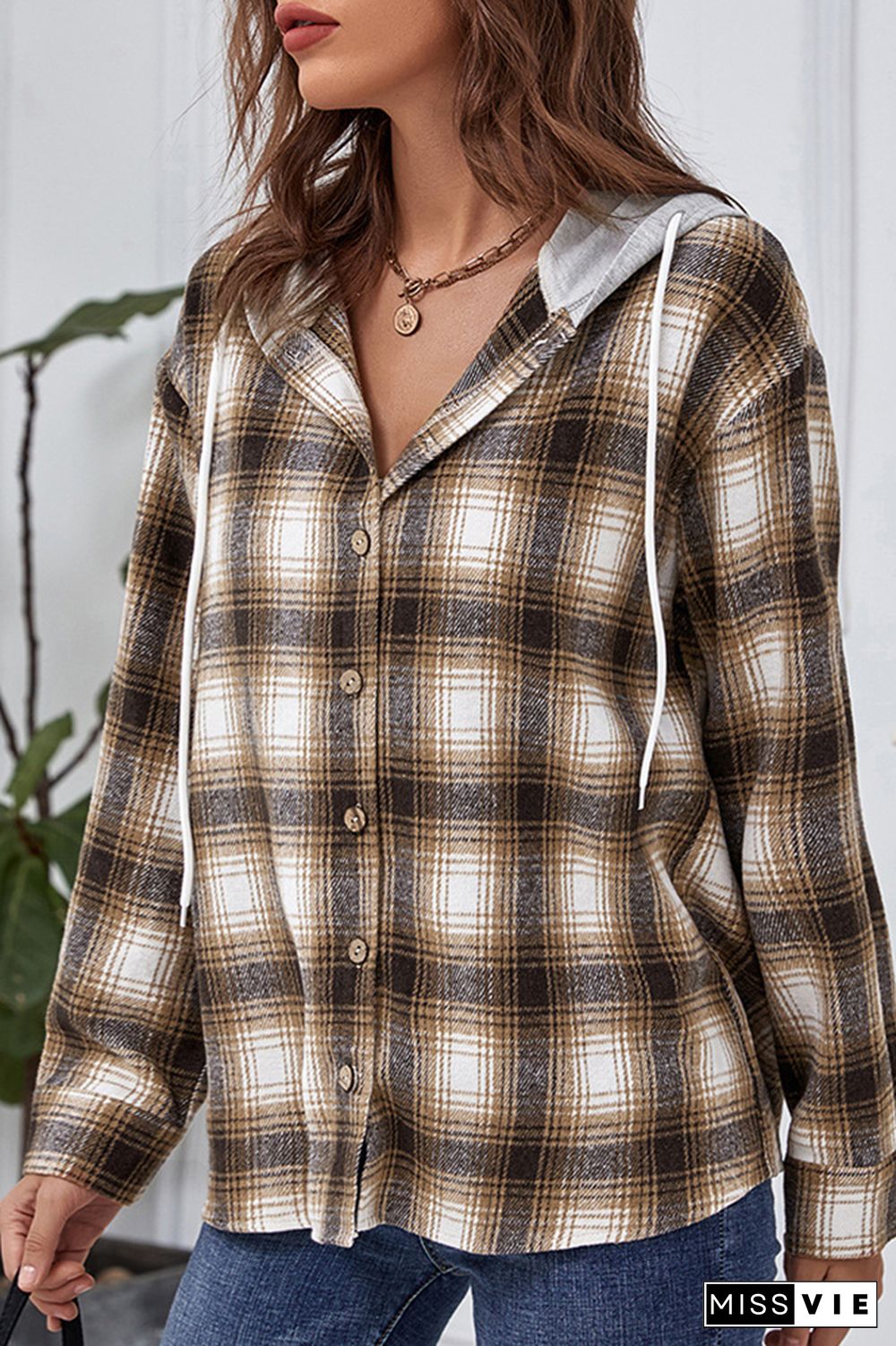 Plaid Button Front Hoodies Shacket Jacket Women Wholesale