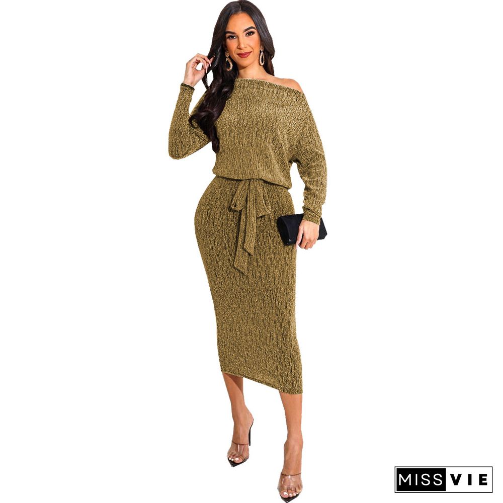 Shiny Robe Long Sleeve Wrap Lace-up Belt Maxi Dress