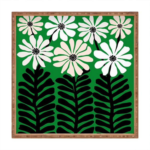 Modern Tropical Mod Flower Garden Black White Square Bamboo Tray Deny Designs