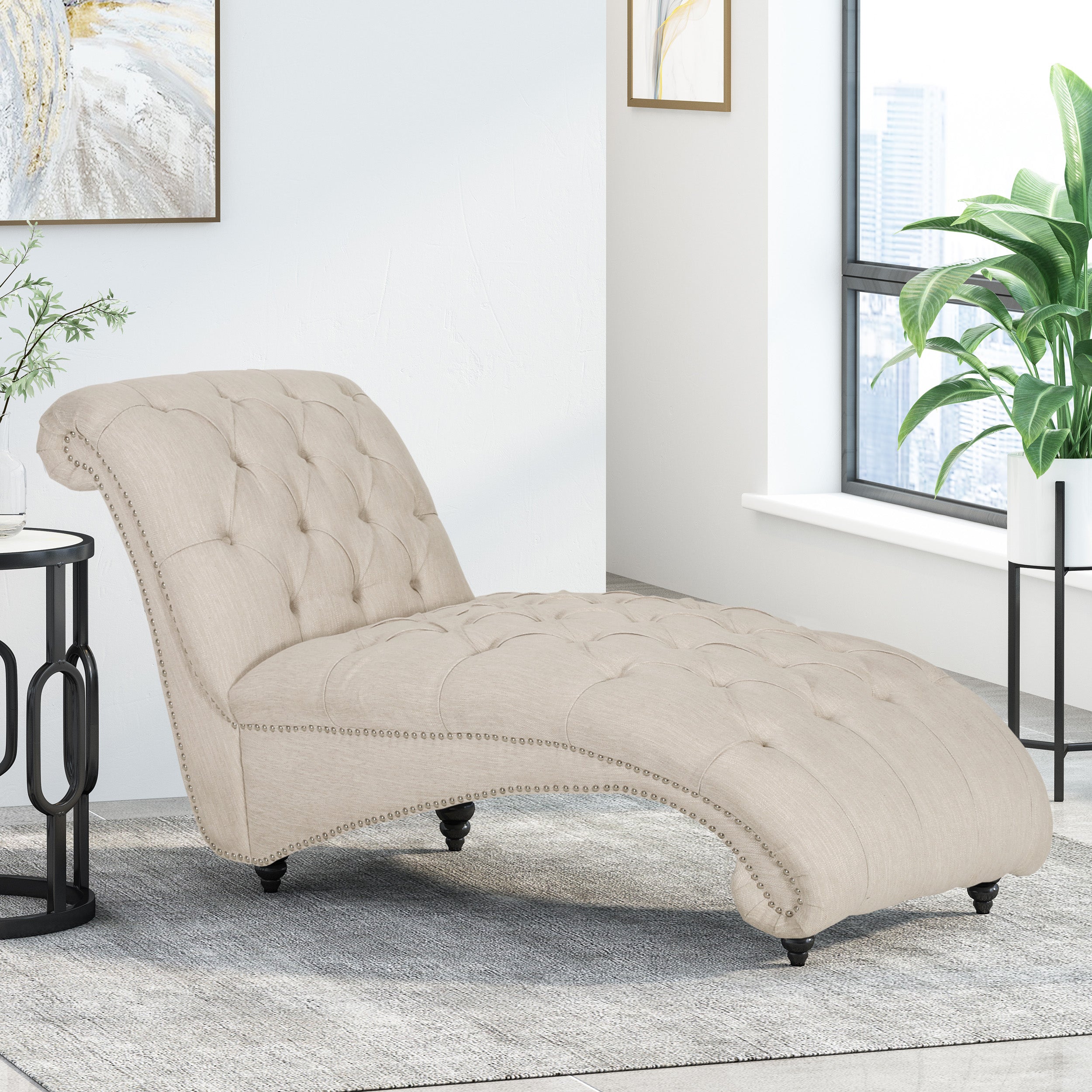 Meigs Varnell Contemporary Fabric Button Tufted Chaise Lounge