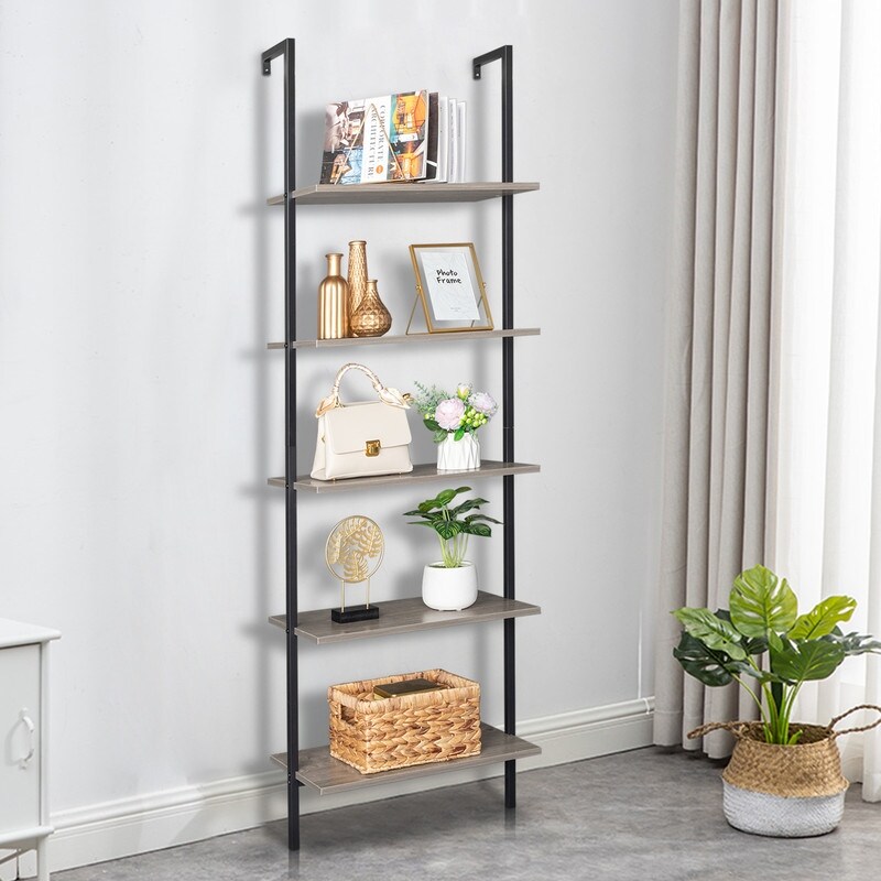 5 Tier Wood Ladder Bookcase with Metal Frame