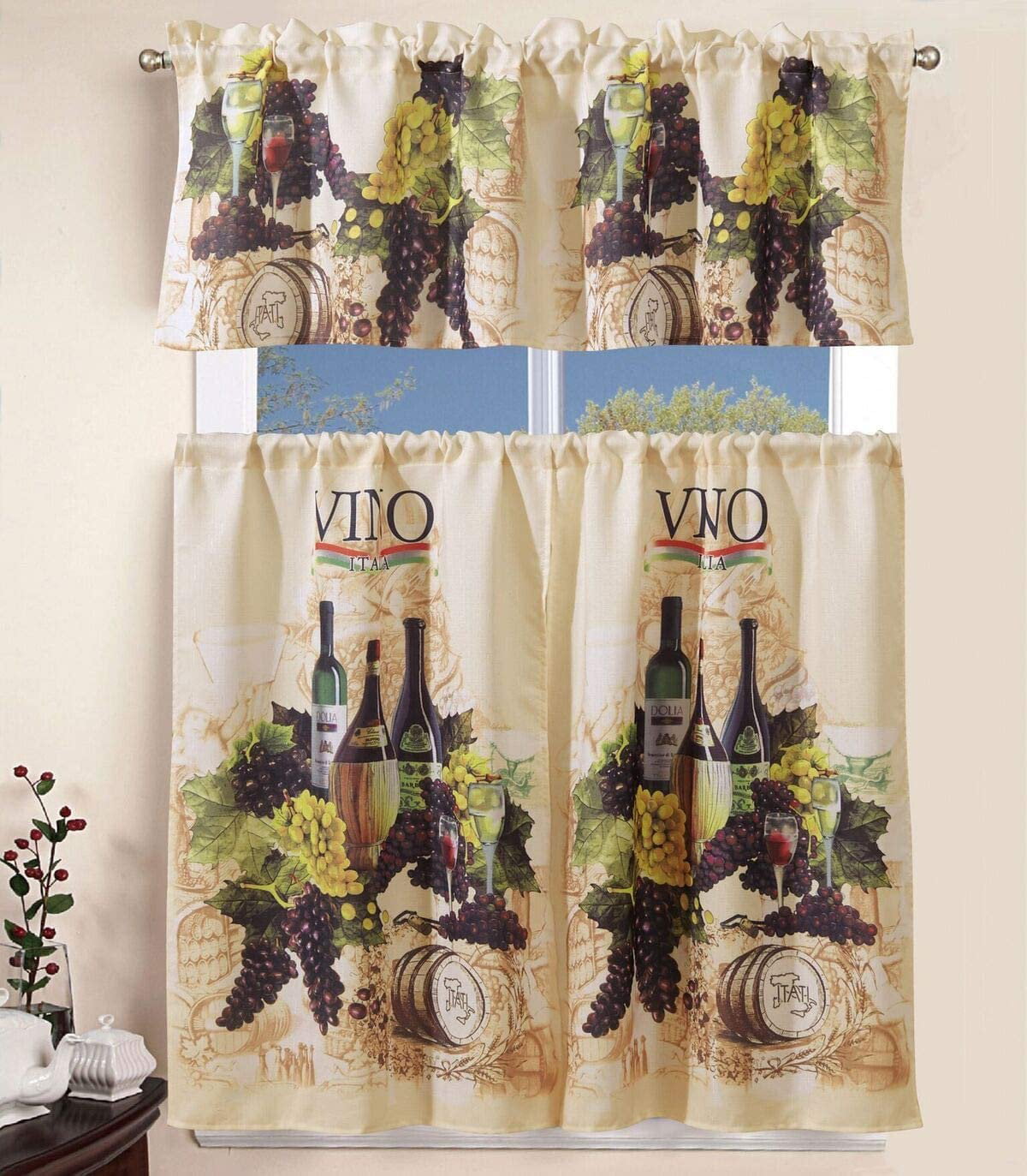 Sapphire Home 3 Piece Kitchen Curtain Linen Set with 2 Tiers 27 W Total Width 54 x 36 L and 1 Tailored Valance 54 W x 15 L, Amalfi Vineyard Grapes Design Kitchen Curtain Dcor Linen