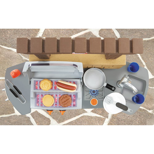 Little Tikes Cook 'n Play Outdoor BBQ Grill 12-Piece Plastic Outdoor Pretend Play Kitchen Toys Playset with Oven， Tan For Kids Girls Boys Ages 3 4 5+