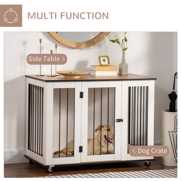 PawHut Modern Dog Crate End Table with Easy to Clean Surface， Large Dog Crate Furniture on Wheels， White