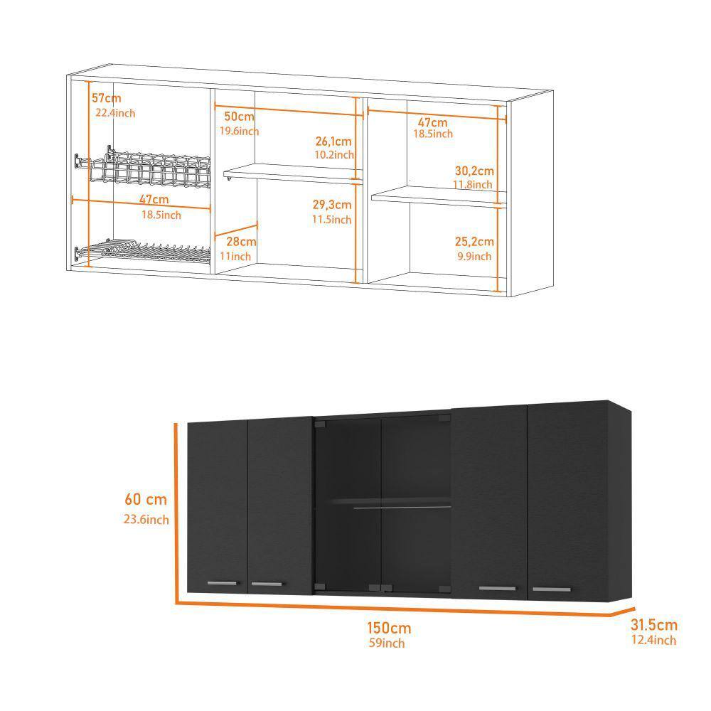 Amucolo 59 in. W x 12.4 in. D x 23.6 in. H Black Wood Assembled Wall Kitchen Cabinet with Center Glass Doors YeaD-CYD0-XMT