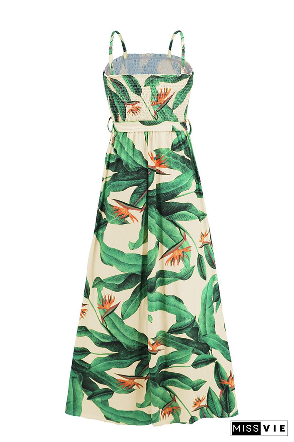 Tropical Print Smocked Top Spagetti Strap Maxi Dress